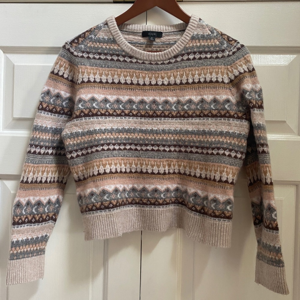 J.Crew Fair Isle Sweater Women M Lambswool Blend Cropped Pullover Cottage Farm
